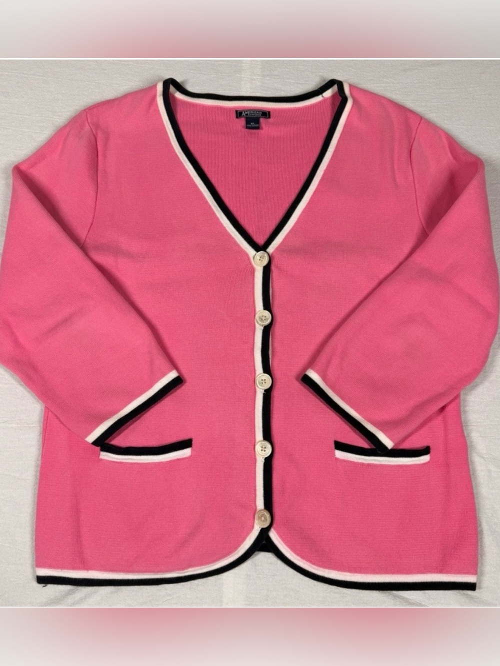 American Living Pink Cotton Cardigan Sweater XL 3/4 Sleeve Contrast Trim V-Neck